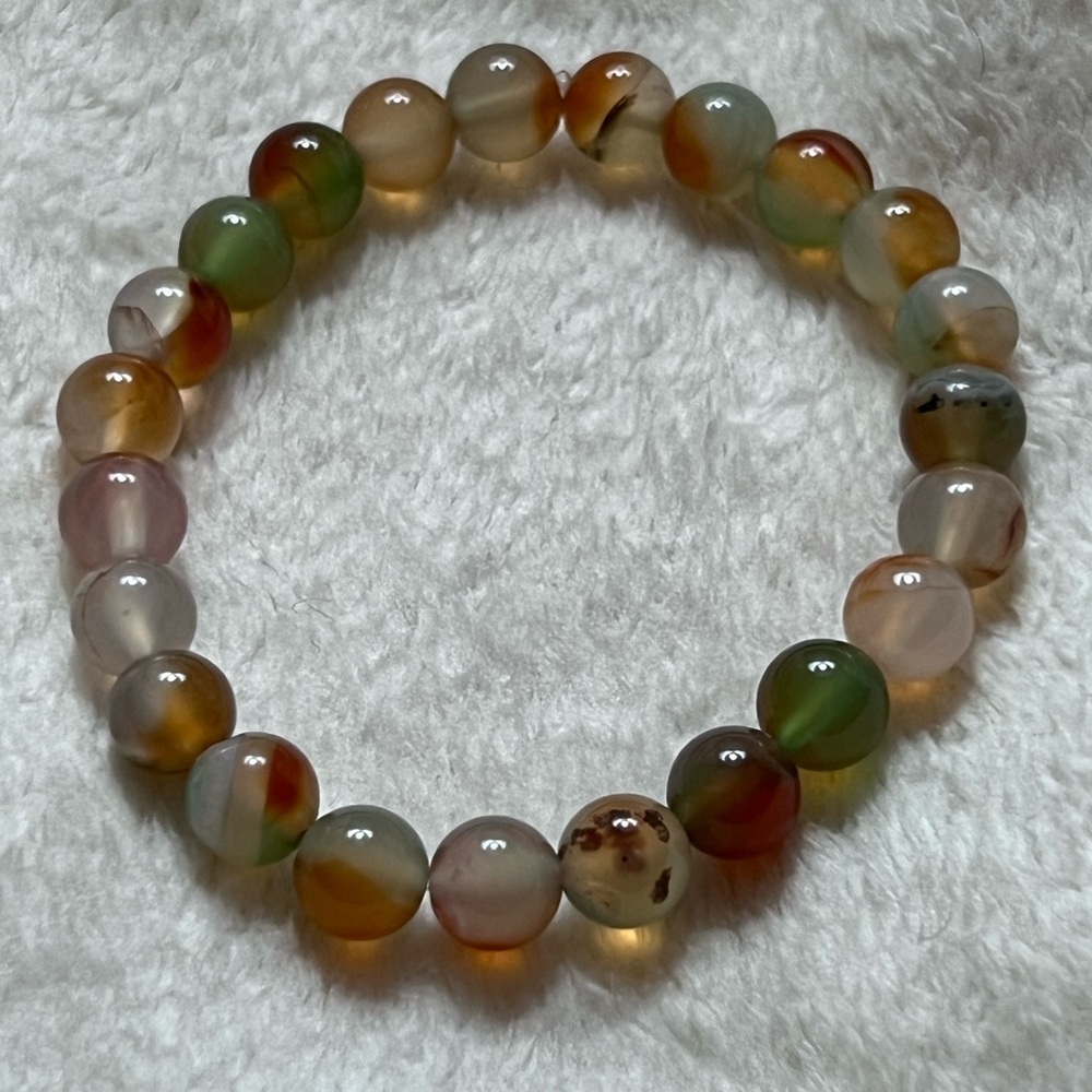 Handmade Elegantly Joyful Natural 🦚 Peacock Agate Stone Beaded Bracelet, Size 7”